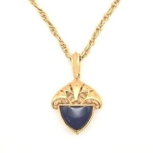 Gold Tone Acorn Pendant Necklace with Dark Blue and Twisted Chain Vintage